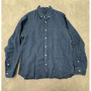 J Crew Mens XL Blue Slim Fit Button Down Linen Blend‎ Shirt Long Sleeve